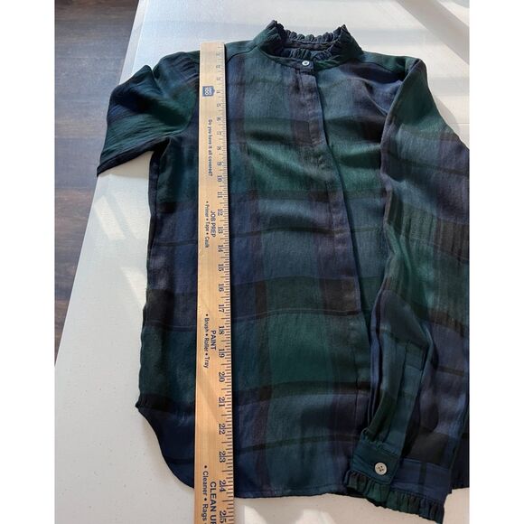 LOFT Petites Green Blue Tartan Plaid Button Up Shirt Ruffle Trim Women's XXSP - Picture 8 of 9